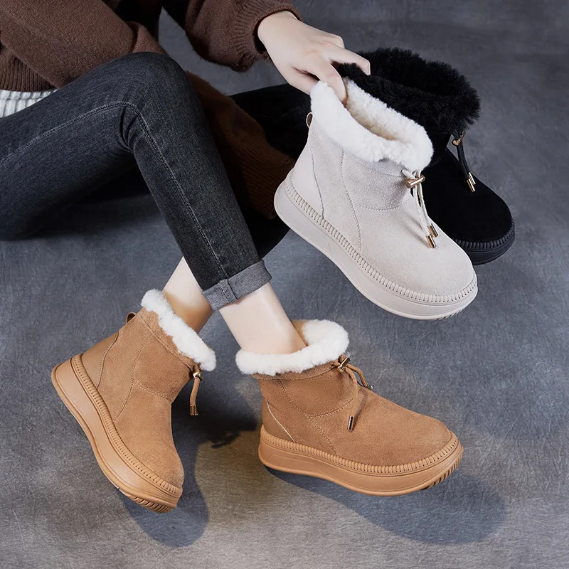 GKTINOO Fashion Women Snow Boots Quality Cow Suede Leather Round Toe Slip On Flat Platform Thick plush Winter Warm Ankle Boots