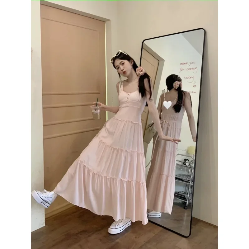 Elegant Pink SweettankDress Women's Open-Back Long Waist-Fitted Slimming A- Line Dress Spring 2024 New Arrival