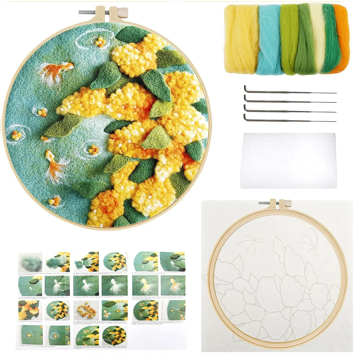 

RUOPOTY Frame Wool Felting Painting Kit Yellow Flowers Diy Felt Crafts Package Felt Needle Kits For Handicrafts Home Decors