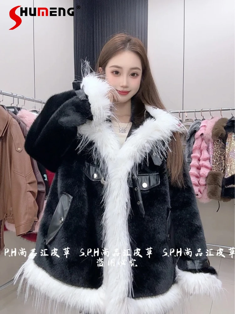 

Women's Faux Fur 2025 Winter New Short Tassel Stand Collar Faux Fur Coats Female Long Sleeve Contrast Color High-end Chic Coats