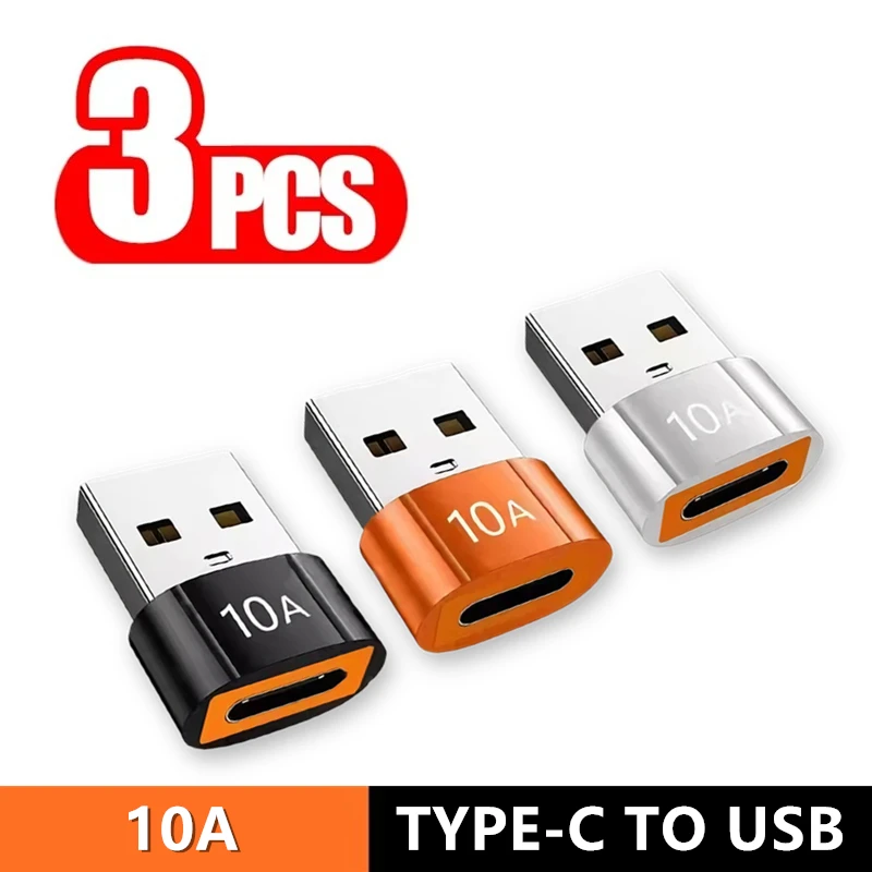 3 PCS 10A Type C to USB Adapter Fast Charging Data Transfer Connector For Samsung Xiaomi Huawei OnePlus USB-C to USB-A Converter