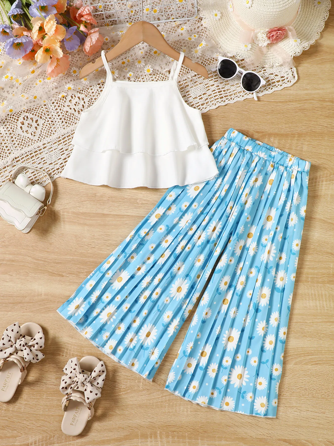 4-7y Girls Fashion Set Pure White Square Collar Small Waistband Elastic Waist Small Daisy Print Loose Pants Fashion Two-PieceSet