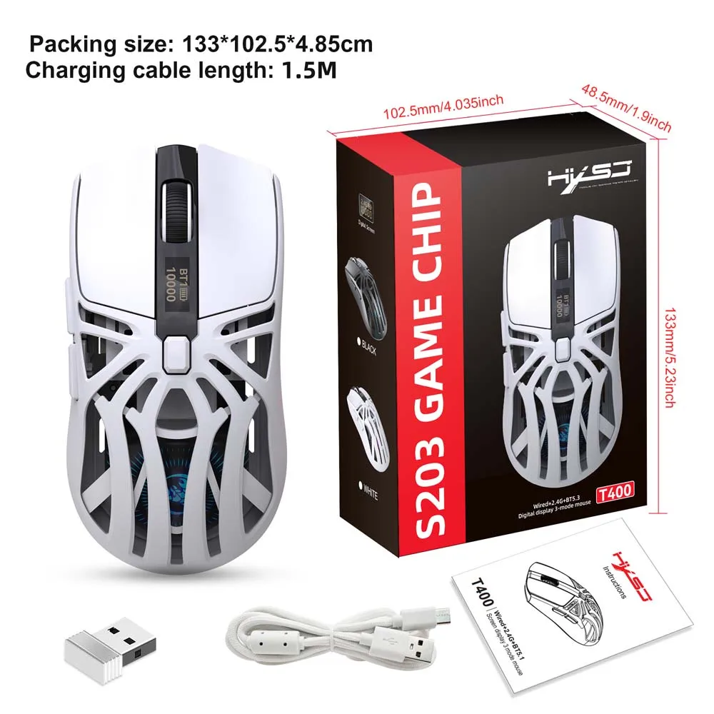 Hollow Mouse With Bluetooth 2.4G Wireless Wired Mice Speed Digital Display 10000DPI 500Mah Rechargeable Colorful Backlight Mouse