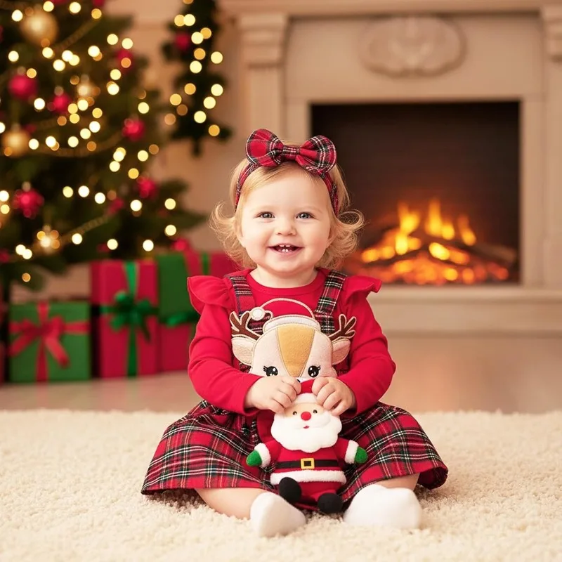 Baby Girl Christmas Romper Set - 3Pcs Suspenders Skirt & Headband for Holiday Photos & Parties.크리스마스 아기옷 ropa bebe niña 아기 겨울옷