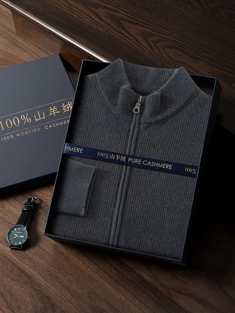 

100% pure cashmere sweater men's semi-high neck zipper cardigan drawstring thick knitted sweater