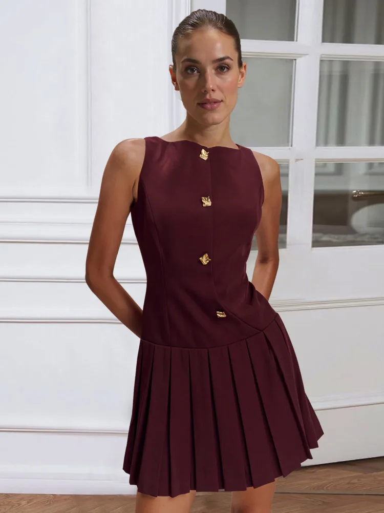 

Blifanbo Sexy Elegant Pleated Mini Dress For Women Sleeveless Bodycon Single Breasted High Waist Patchwork Fashion Party Dress