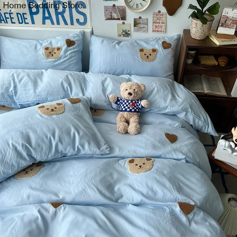 Solid Blue Bear Bedding Set Duvet Cover Queen Full Twin Size Bed Flat Sheet Kids Girls Room Decor Quilt Cover Pillowcase Kawaii