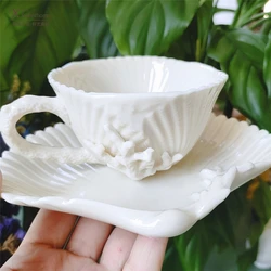 High Fashion European Style Ceramic Coffee Mug and Plate Embossed Coral White Tea Cup and Saucer Set Designer Cups Gift