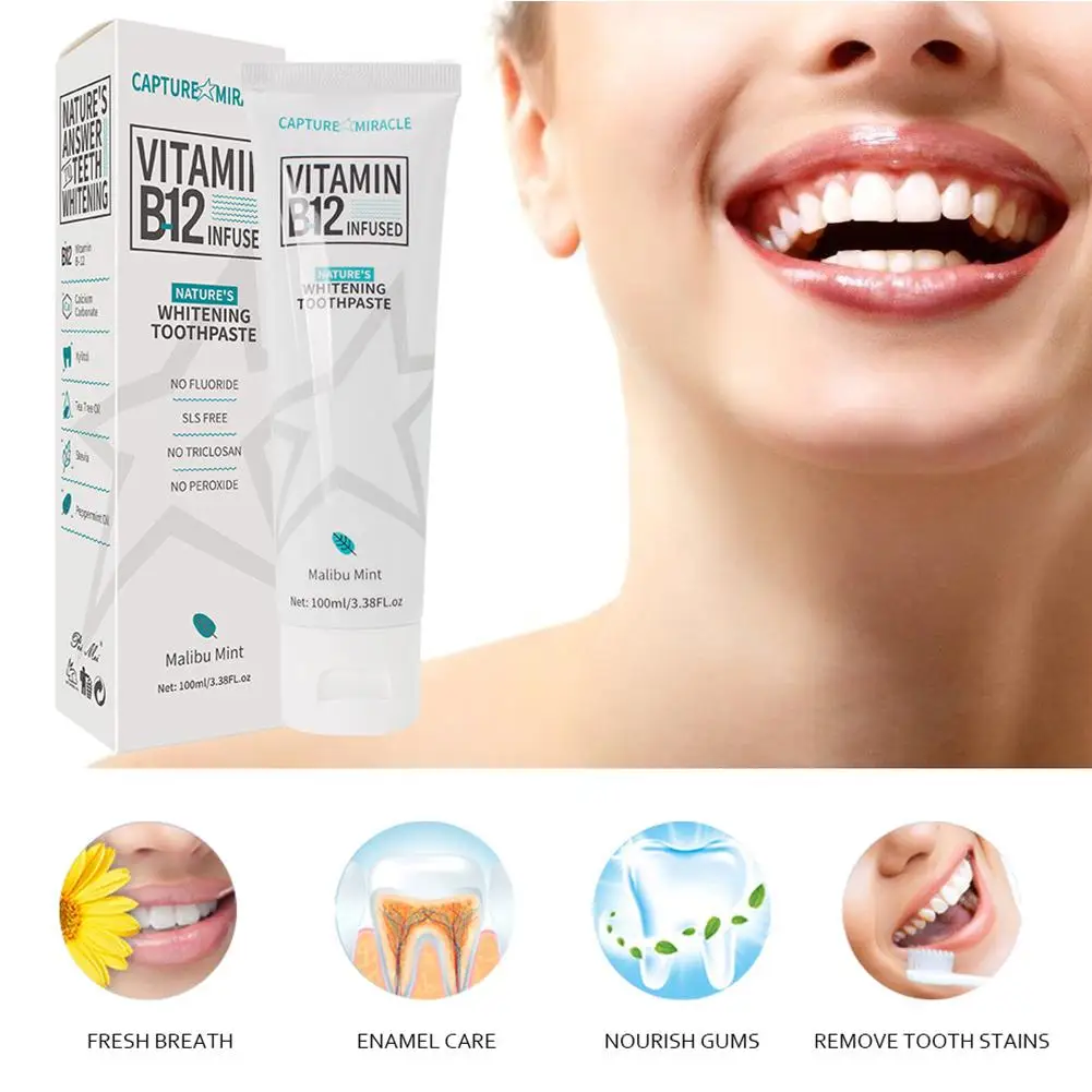 Pasta de dientes con vitamina B12, pasta de dientes con menta, ilumina las encías, repara la higiene bucal, elimina las manchas, blanquea los dientes, aliento fresco, belleza y salud, 100ml