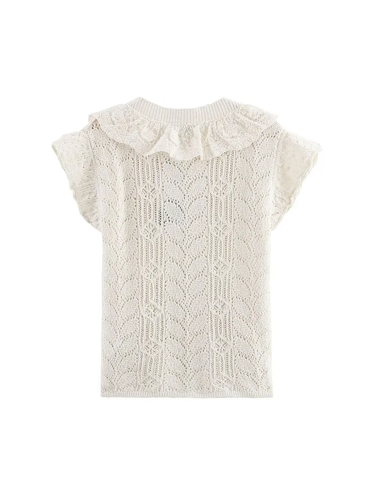 TFAFXY-Tops de punto escalonados para mujer, suéter Beige de manga corta, Tops, moda informal, elegante, jerséis de punto Y2k, verano 2025