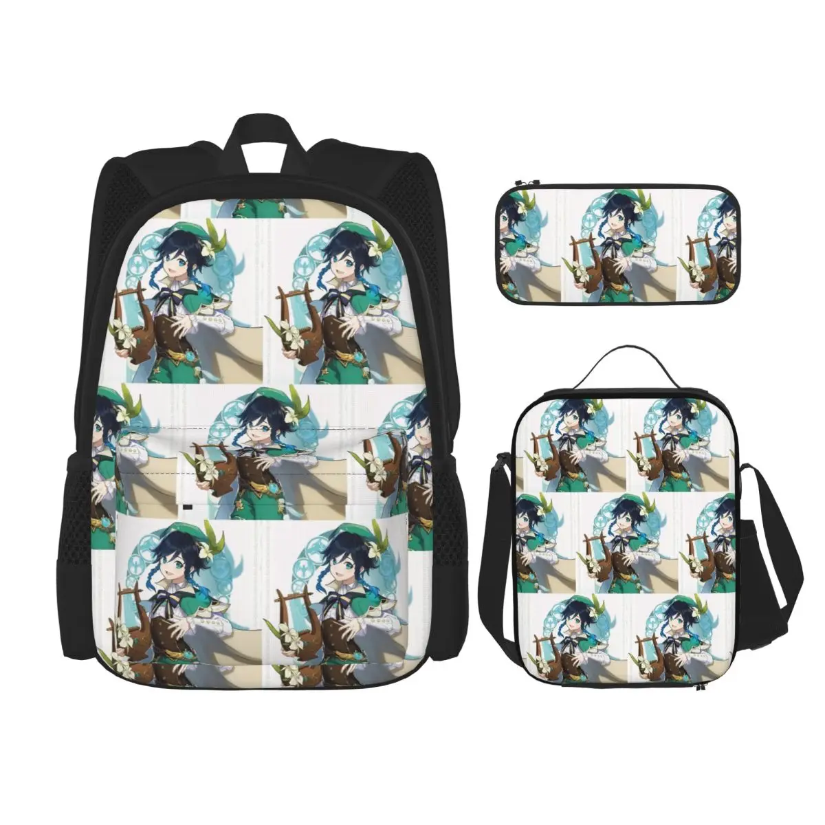 Genshin Impact Venti Backpacks Children Bookbag School Bags Rucksack Lunch Bag Pen Bag Three-Piece Set