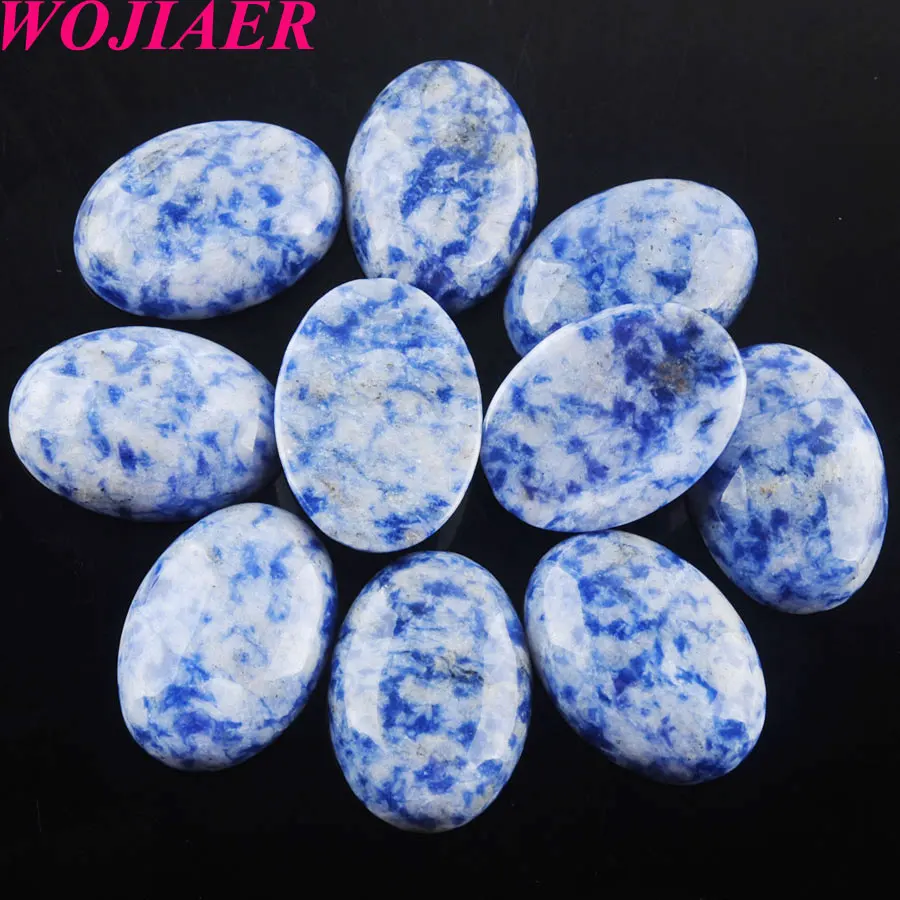 WOJIAER 5Pcs/lot Natural White Dot Blue Stone Oval Cabochon CAB Focal Flatback Beads For Earring Jewelry Making 30x40mm U8070