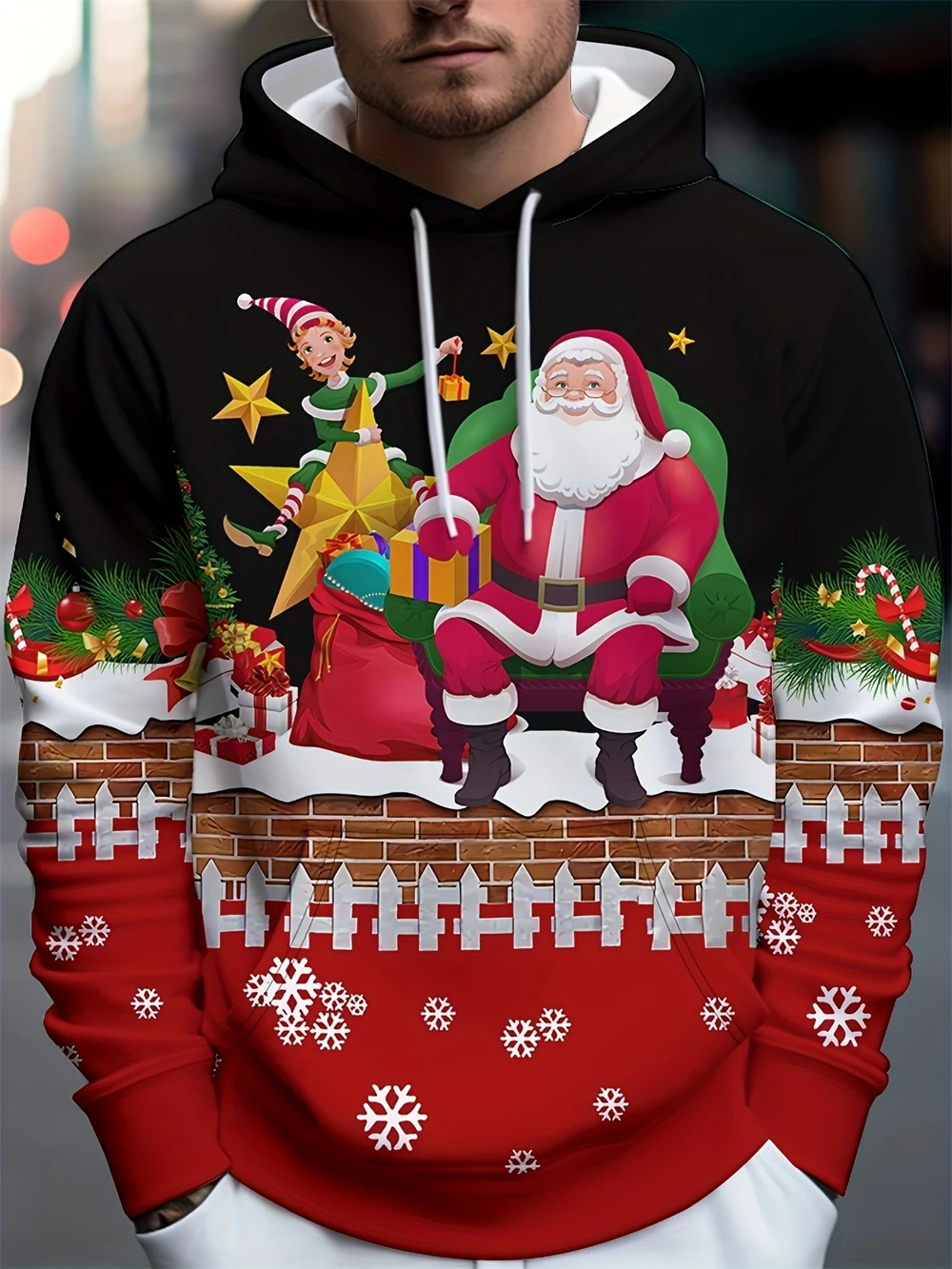 Christmas Theme Men's Hooded Hoodies 3D Printed Sweatshirts Drawstring Sportwear Long Sleeved Tops Fun Graphic Men's Clothing