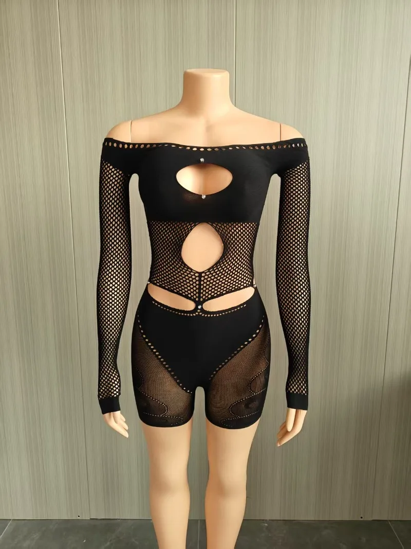 Oco para fora fishnet ver através magro playsuit feminino sexy slash neck fora do ombro manga longa alta estiramento noite clubwear macacão