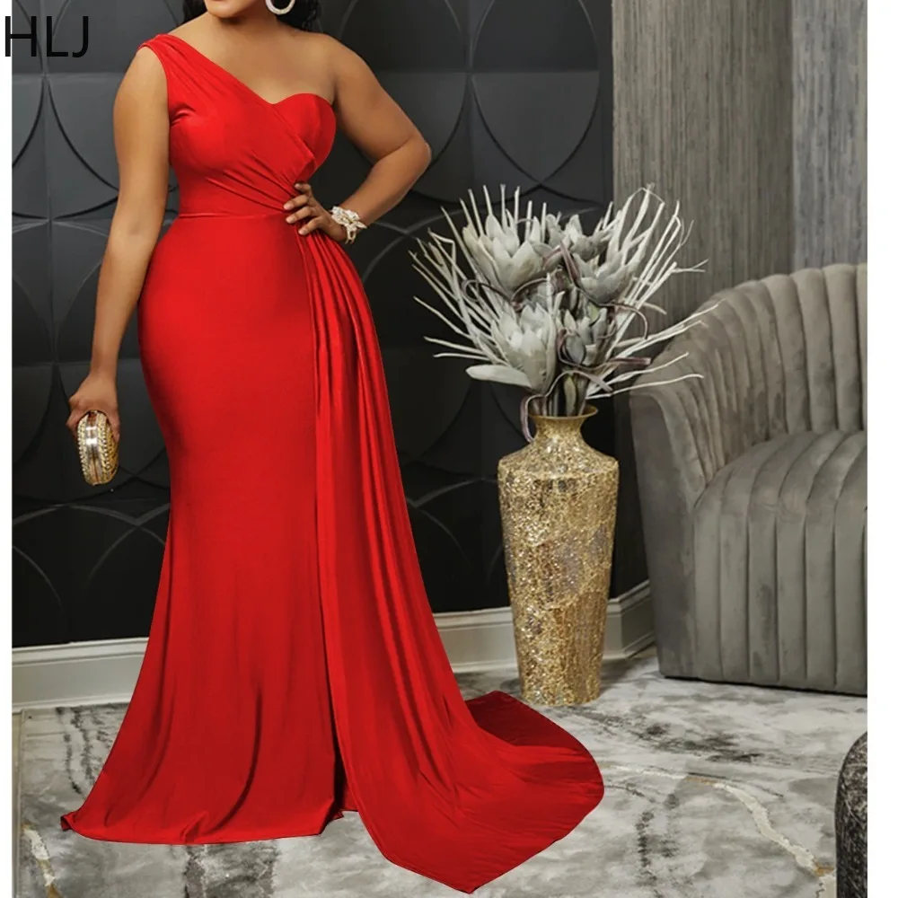 فساتين طويلة أنيقة بفتحة عالية من HLJ للنساء بلون واحد بكتف واحد بدون ظهر فستان نسائي لأعياد الميلاد والنوادي جديد