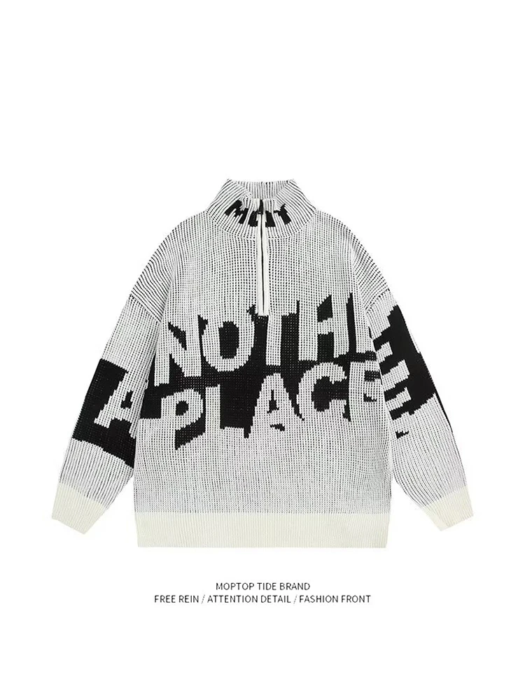 

Американский свитер свободного покроя с высоким воротником на молнии, мужской весенне-осенний уличный вязаный свитер, повседневный молодежный энергетический свитер