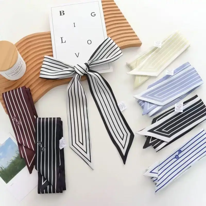 

Korean-style narrow striped silk scarf; versatile accessory; elegant ribbon for tying hair or bags