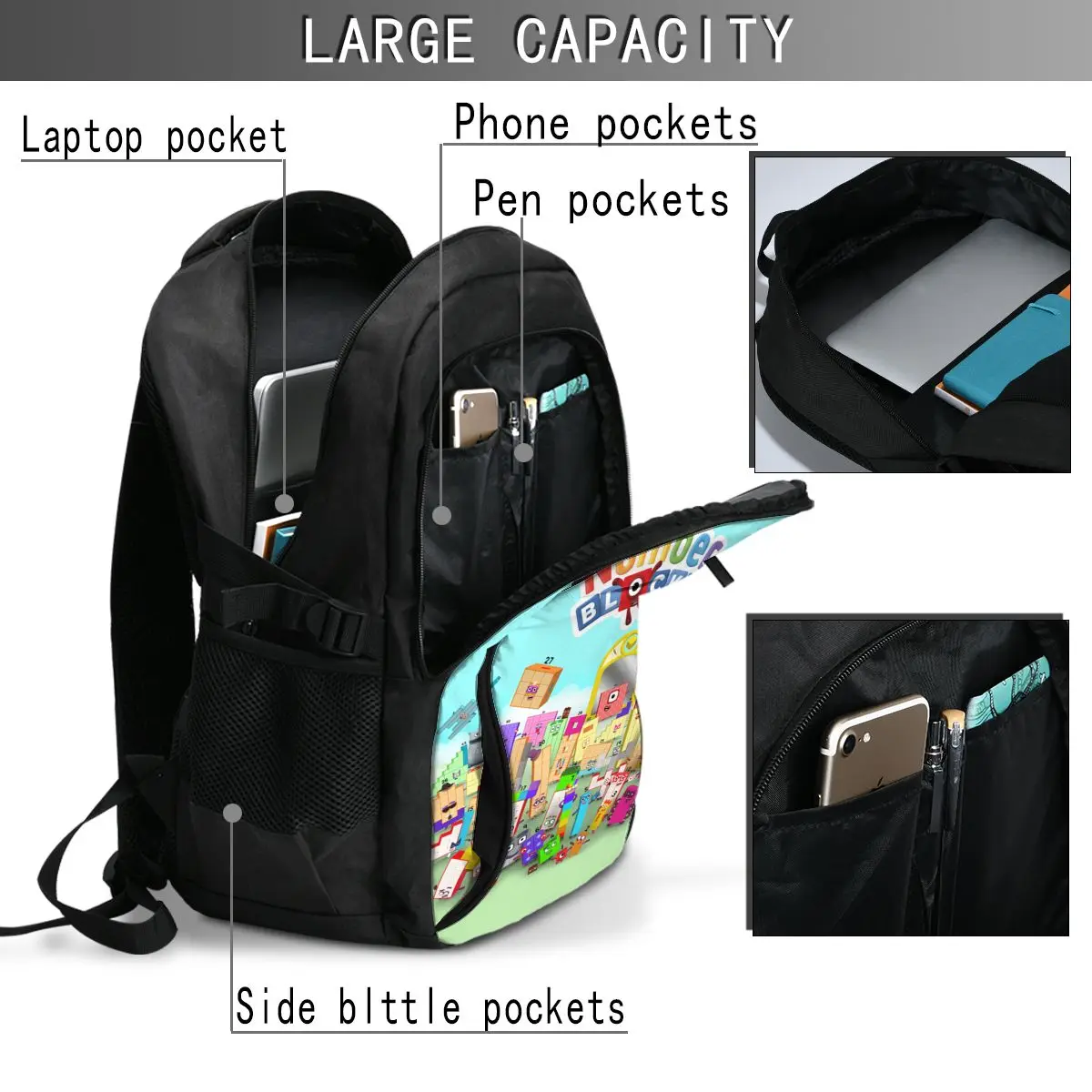 Cartoon Number-Blocks Travel Laptop Backpack, Business Water Resistant Laptop Backpack with USB Charging Port, College Bag