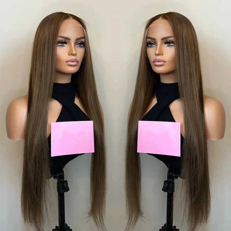 Natural 26Inch Glueless Dark Brown Long Straight 5x5 Silk Base Jewish Human Hair With BabyHair HD Lace European Hair Preplucked