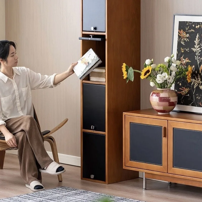 Living room solid wood medieval high and narrow vertical cabinet floor storage storage locker crack Internet celebrity bookcase
