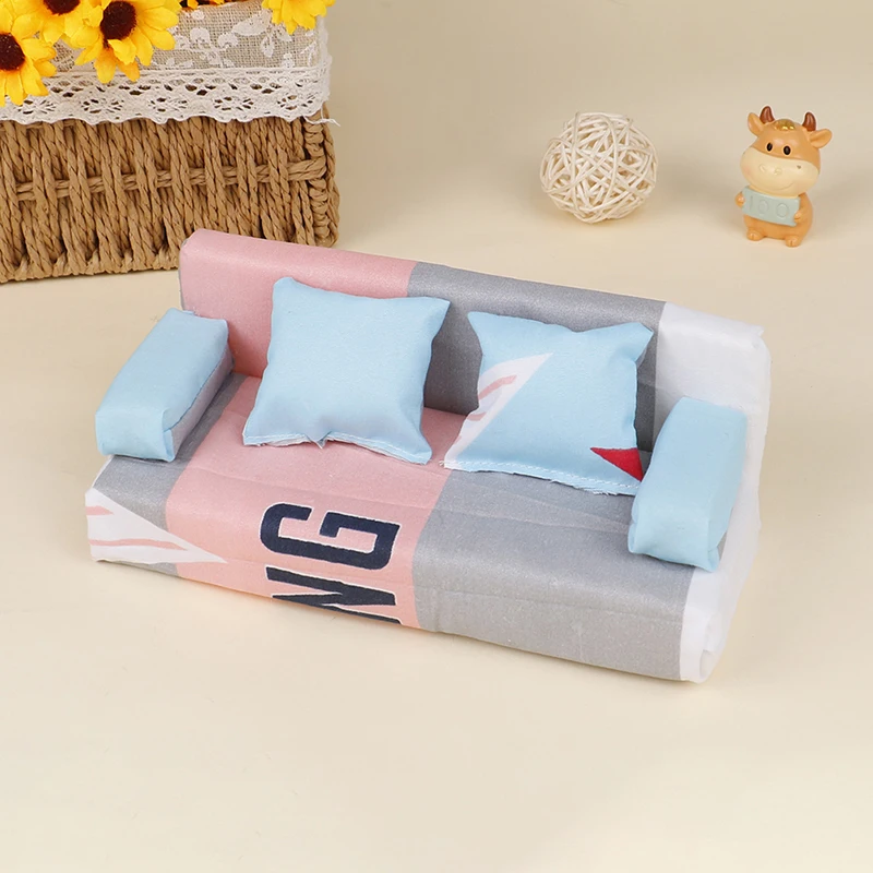 1Set Random Dollhouse Small Floral Fabric Long Sofa With 2Pcs Pillows Doll House Furniture Decor Toy Accessories-Toy