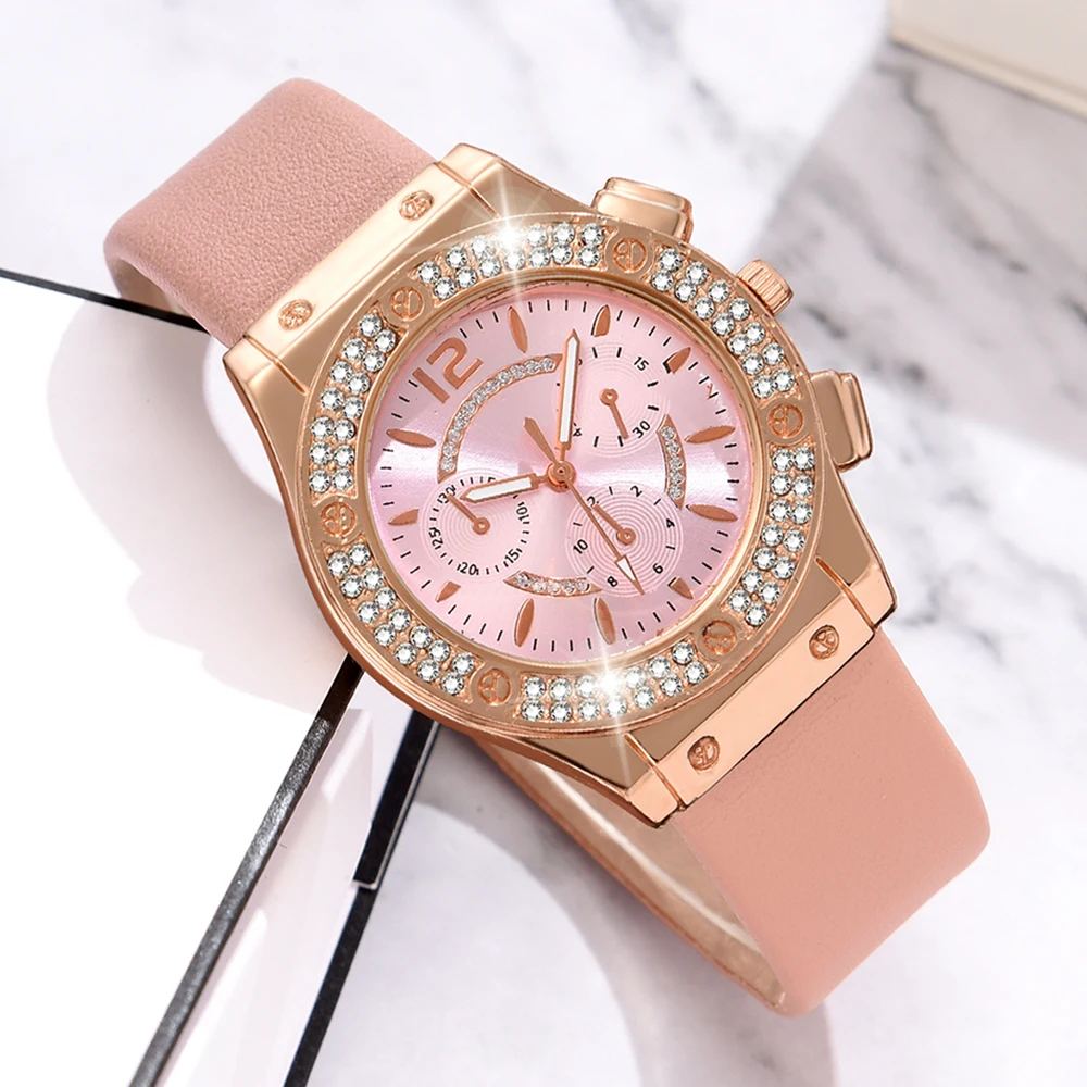 6 PCS New Luxury Love Rhinestone Jewelry Ladies Ring Necklace Earrings Bracelet Set Simple Digital Leather Strap Quartz Watch