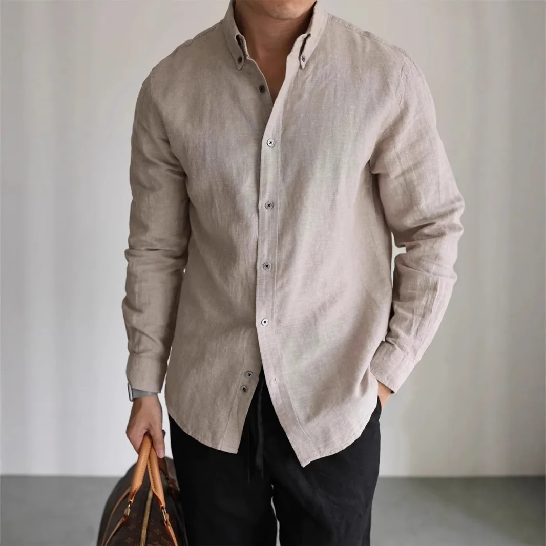 Mens Premium Linen Button Up Shirt, Lightweight Breathable Long Sleeve Casual Shirt for Summer, Business