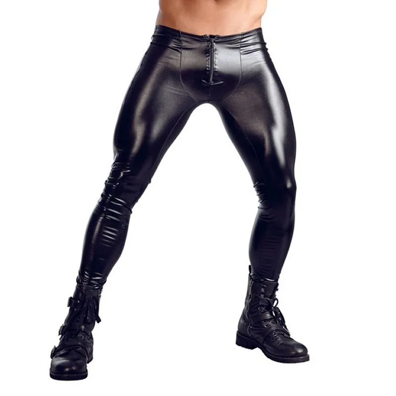 

Mens Patent Leather Pants Motorcycle Gothic Party Nightclub Stage Show Skinny Pants Male Front Zipper Tight Trousers Clubwear