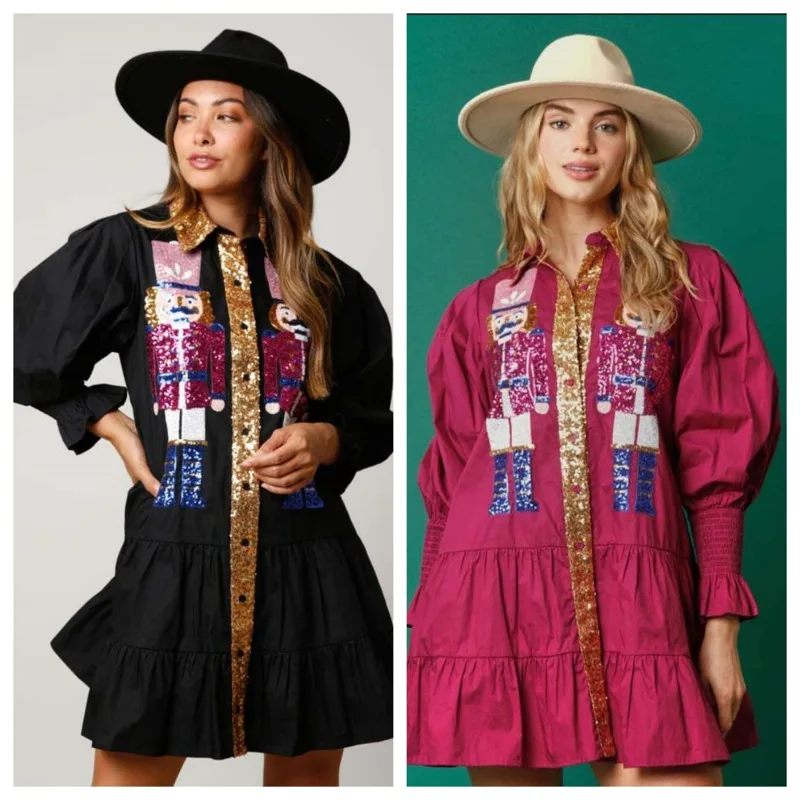 

A-line Loose Cute Nutcracker Sequin Dress Women Shirts 2023 New Autumn Retro Vestido Fashion Christmas Midi Skirt Woman Clothes
