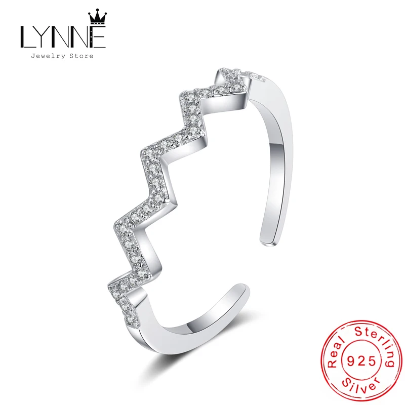 

New 925 Sterling Silver Women Fashion Jewelry Delicate Wave Rhinestone Open Adjustable Rings Lightning Zircon Grace Finger Ring