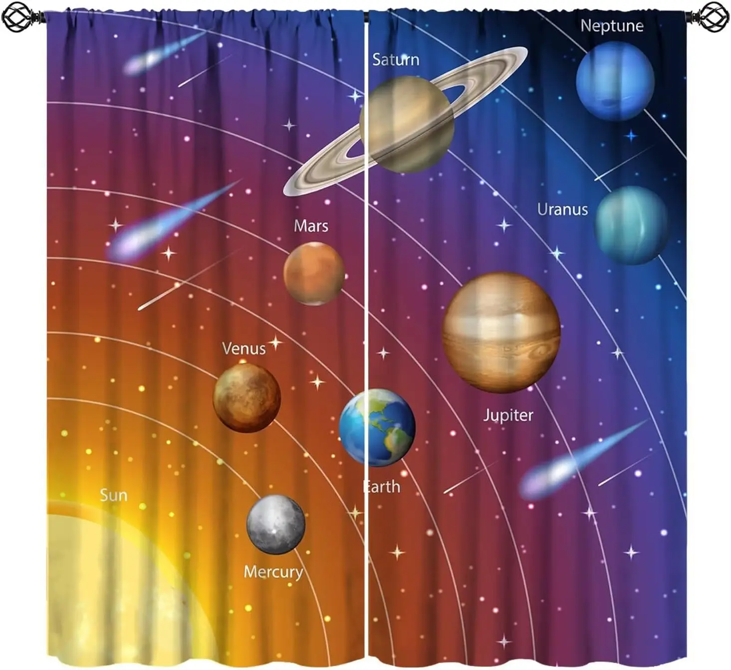 Rideaux Système Solaire Univers, Rideaux à motif galaxie et planètes de l'espace extérieur pour l'étude et la connaissance de l'espace, 2 panneaux, à passe-tringle