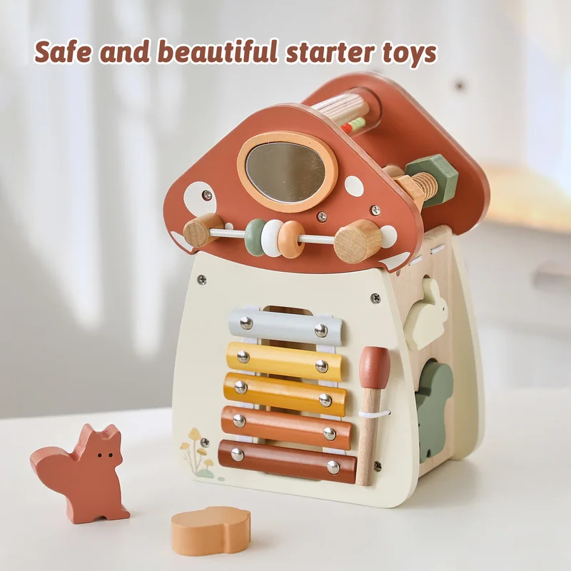 Wooden Mushroom 5 In 1 Busy Set Montessori Multifunctional Early Educational Pretend Play Sensory Toy For Toddlers Kids