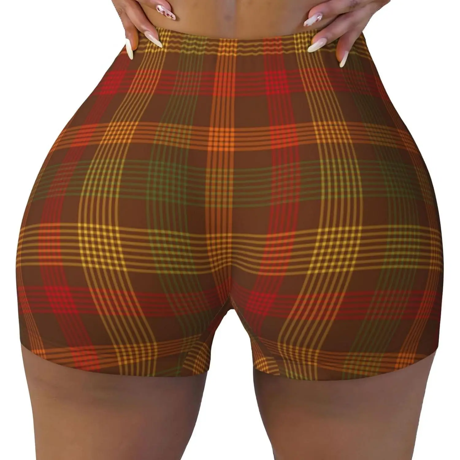 격자 무늬 여성용 하이 웨이스트 프린트 운동 반바지 스트레치 요가 반바지 스포츠 운동용 러닝 하이킹 바이커