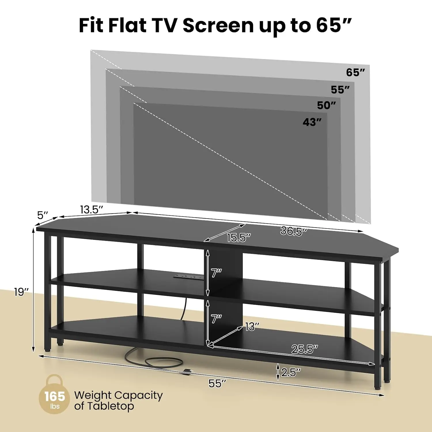 Corner TV Stand 65 Inch Entertainment Center w/Power Outlet & Storage Shelves Metal Frame Media Console Living Room Bedroom Blac