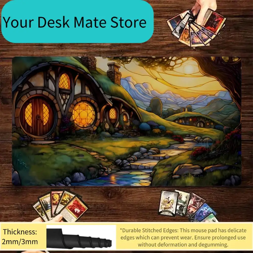 Hobbit House TCG-Spielmatte aus Buntglas, rutschfeste Gummiunterseite, waschbare Stoffoberfläche, MTG-Spiel-Mauspad