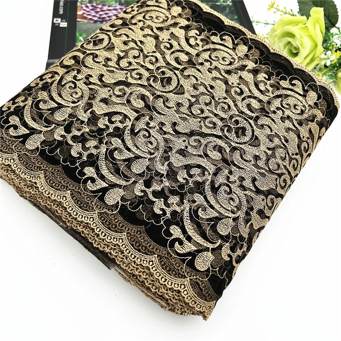 3Y/lot 9 1/2 inch 24cm Black Golden Shiny Embroidery Lace Skirt Hem Sewing Craft DIY Apparel Fabric Wedding Sleeve Lace Garment