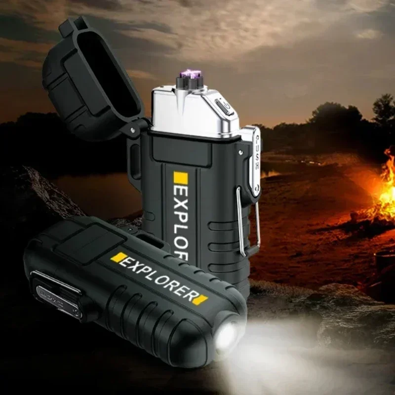 Waterproof Plasma Lighter with flashlight Custom Windproof Arc Lighter Outdoor Usb Lighter Survival Whistle and Lanyard