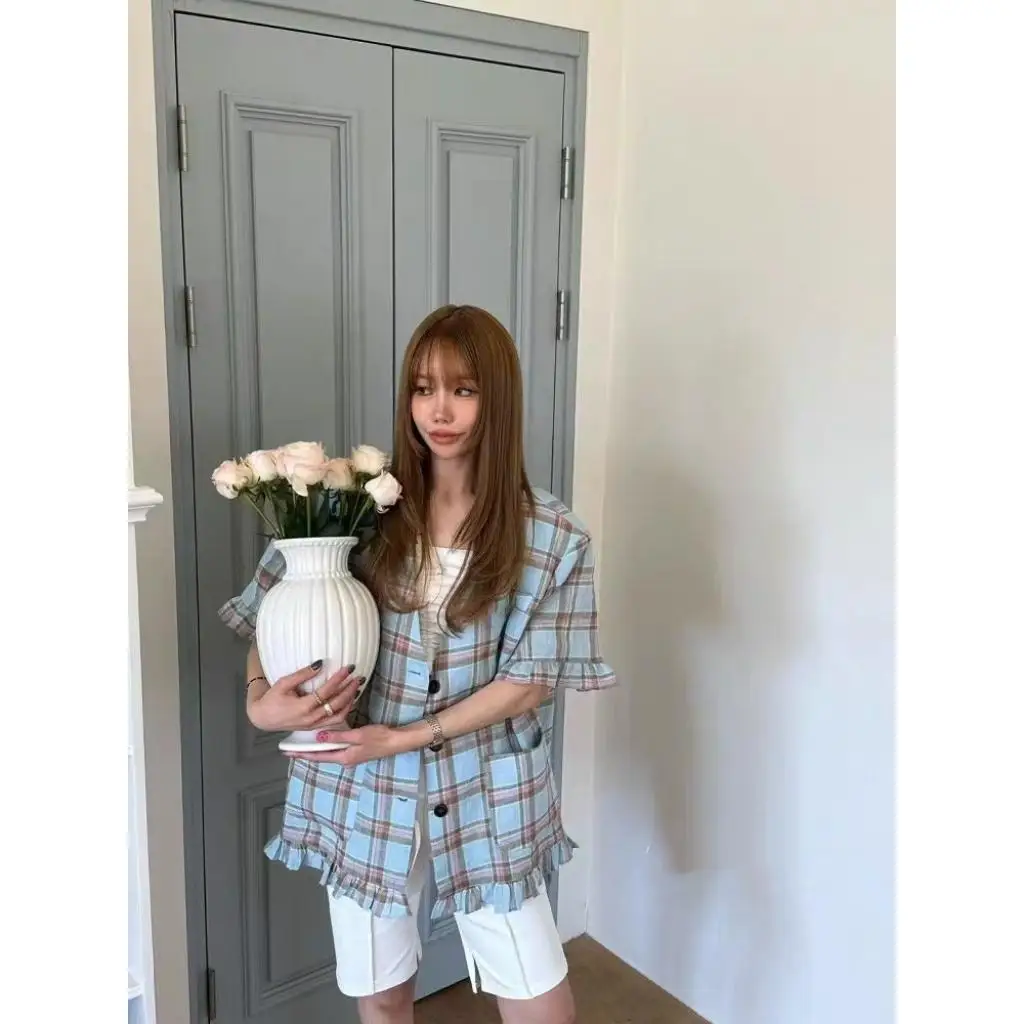 

Dongda Gate Spring Summer New Plaid Color Blo Suit Jaet French Sle Loose Fit Breathable ort Coat for Young Women