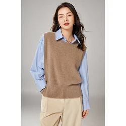 Chaleco de lana pura 100% con cuello redondo para mujer, suéter suelto sin mangas, chaleco informal de punto con abertura lateral, Tops versátiles, Otoño e Invierno