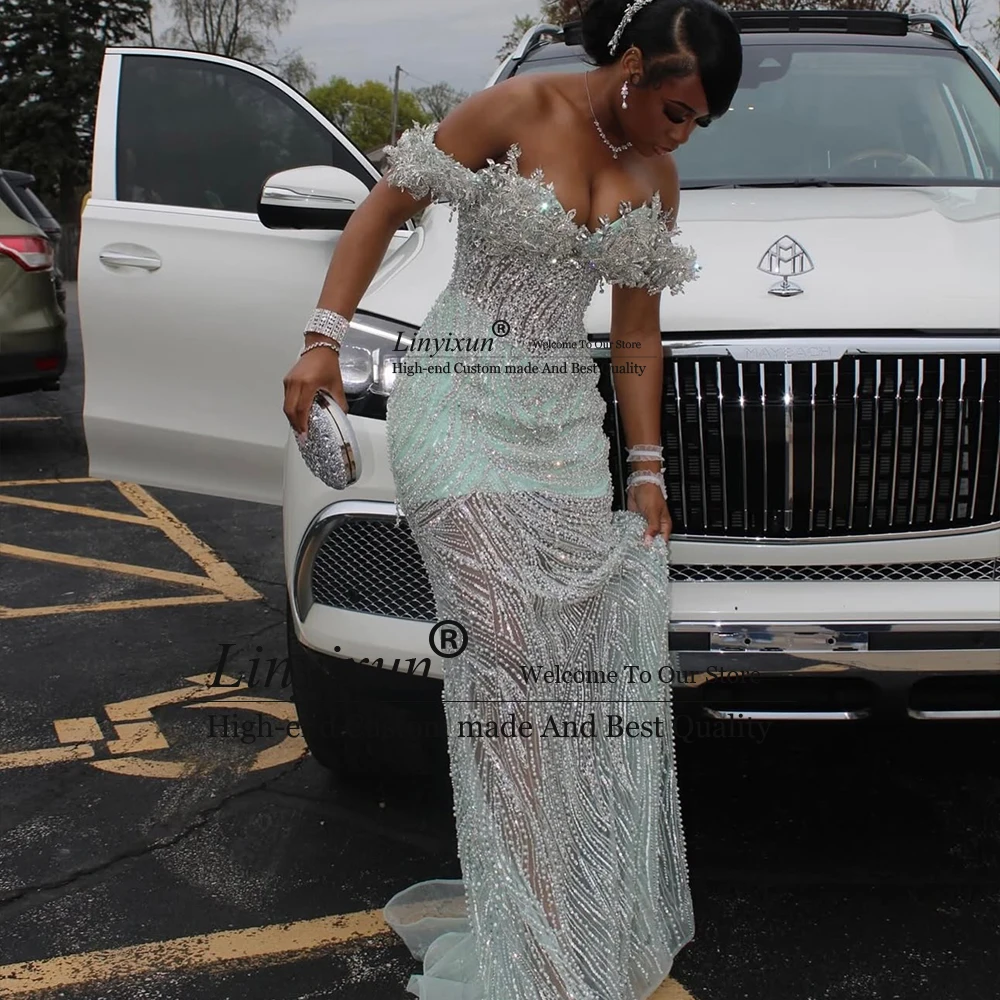 ชุดราตรีคริสตัลสุดเซ็กซี่สำหรับสาวผิวสี ประดับลูกปัด ดีไซน์ทรงเมอร์เมด สำหรับงานแต่งงาน งานเลี้ยง ออกแบบตามสั่ง แบบเปิดไหล่ vestidos formais