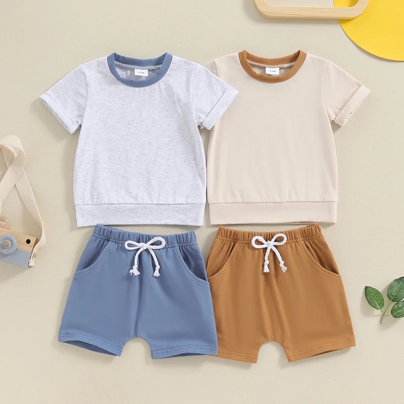 

Lioraitiin Toddler Boys Summer Outfits Patchwork Round Neck Short Sleeve T-Shirts Tops Elastic Waist Shorts 2Pcs Clothes Set