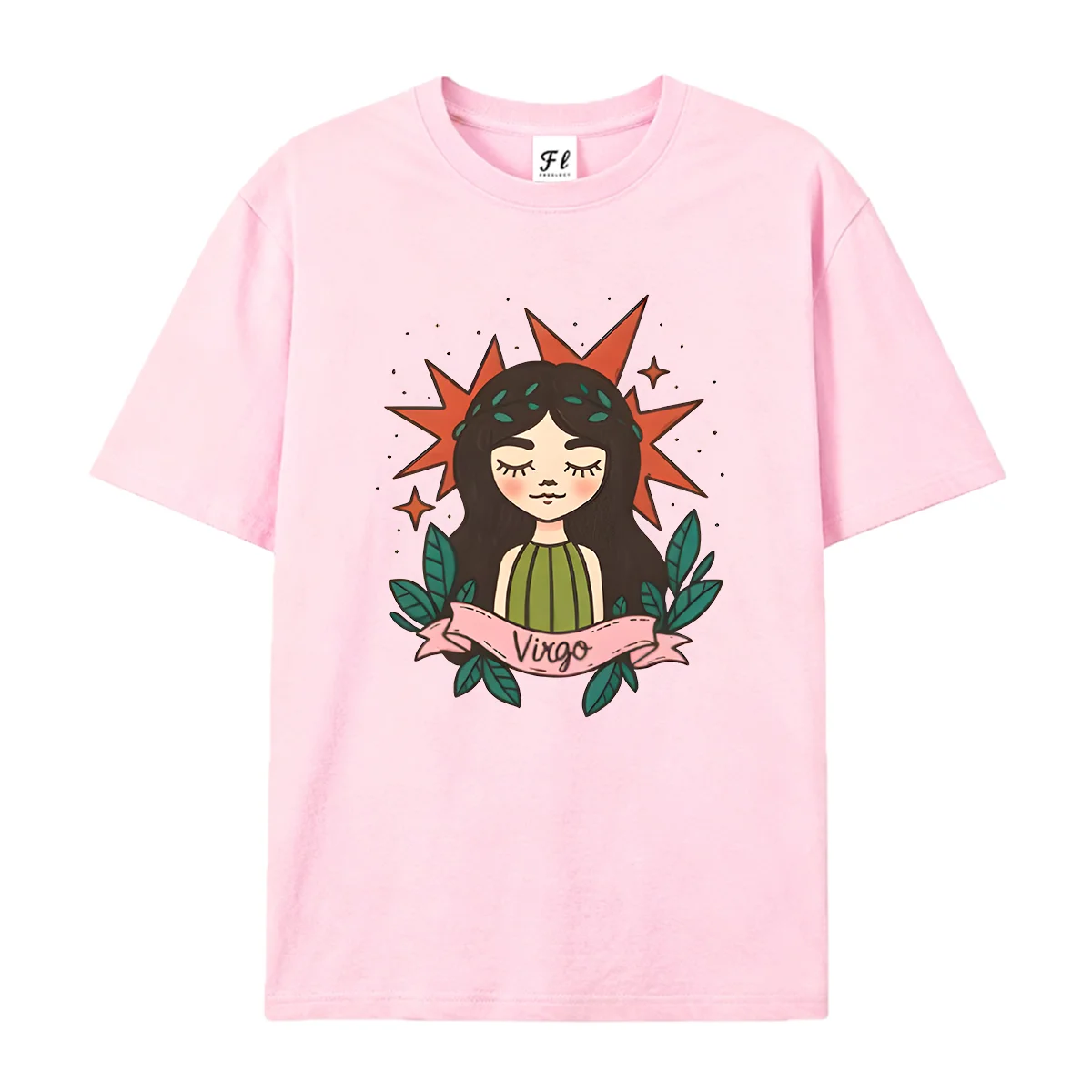 Virgo Zodiac Girl Graphic T‑Shirt Retro Boho Hand Drawn Starburst Leaf Ribbon Virgo Sign Print Short Sleeve Funny Top Unisex