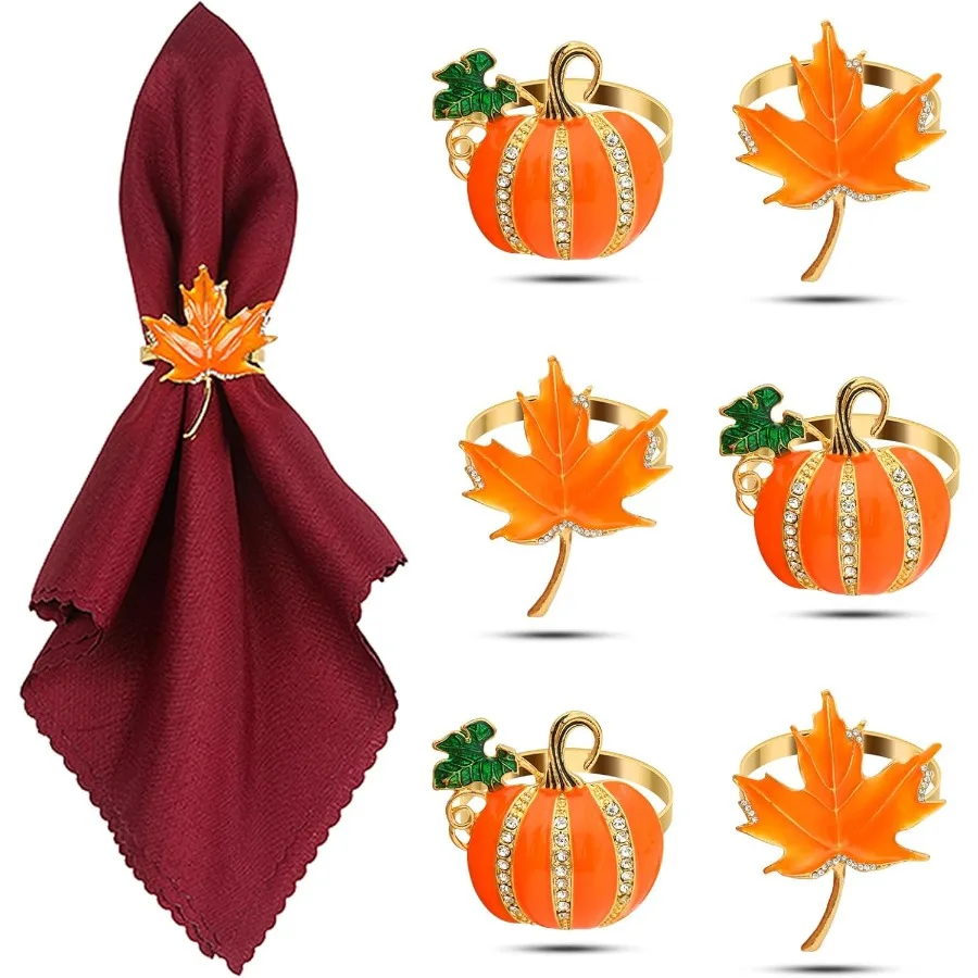 

KPOSIYA Осенние кольца для салфеток, 6 шт., кольцо для салфеток на День Благодарения, осенние кольца для салфеток с кленовым листом и держатели для салфеток с тыквой на Хэллоуин для