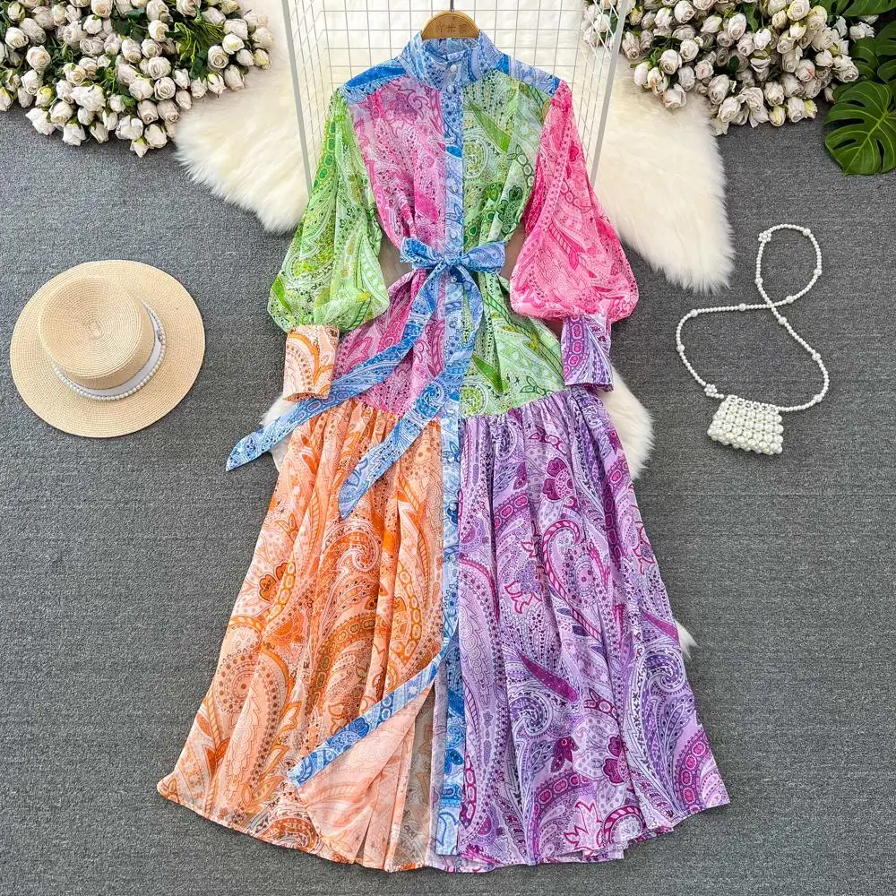 

Fashion Holiday Chiffon Dress Women Turtleneck Lantern Sleeve Single Breasted Colorblock Print Lace Up Loose Robe Vestidos 6582