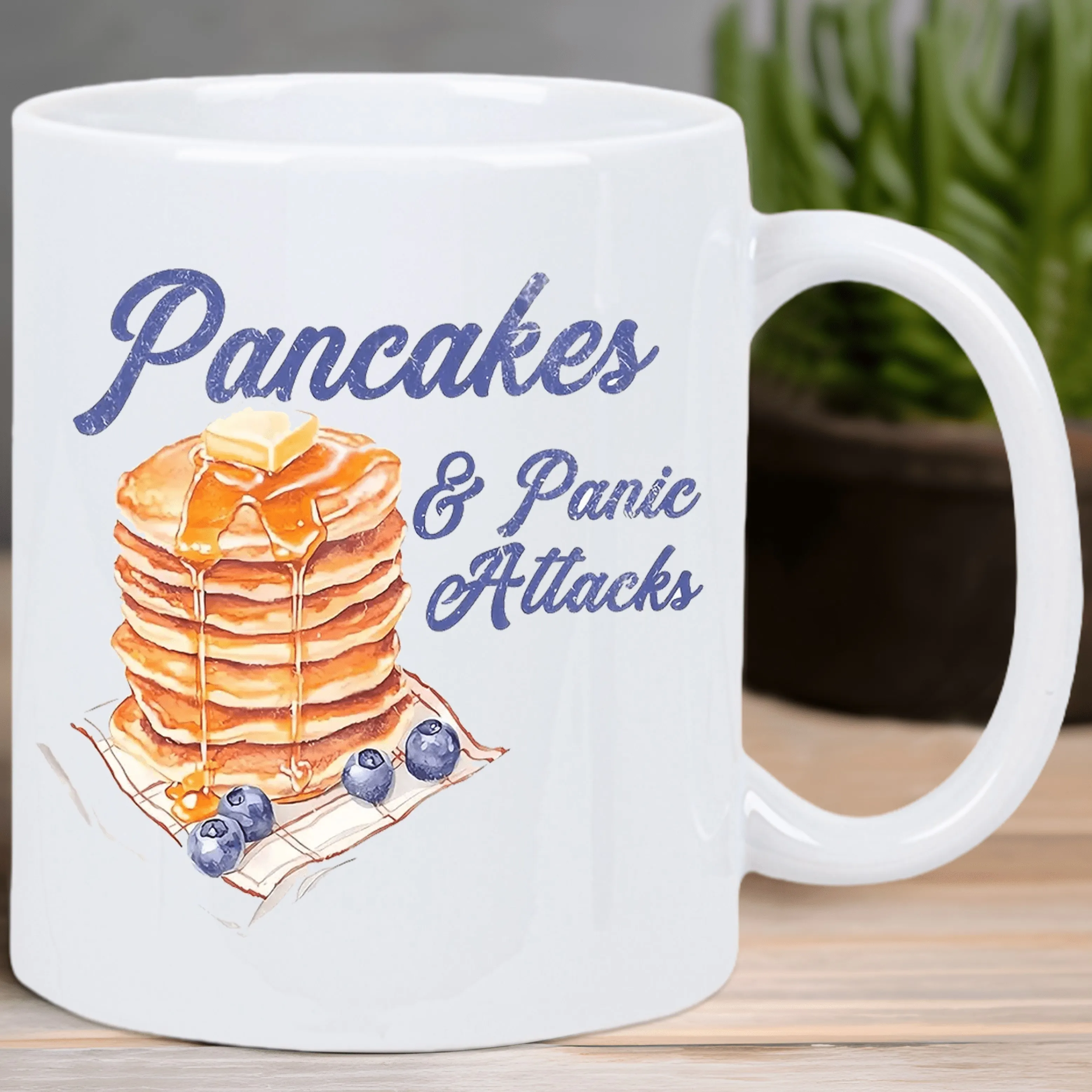 

Humorous Pancakes & Panic Attacks Design Ceramic Coffee Mug - Insulated Reusable White Cup for Coffee & Tea, Hand-Wash Only, Mul