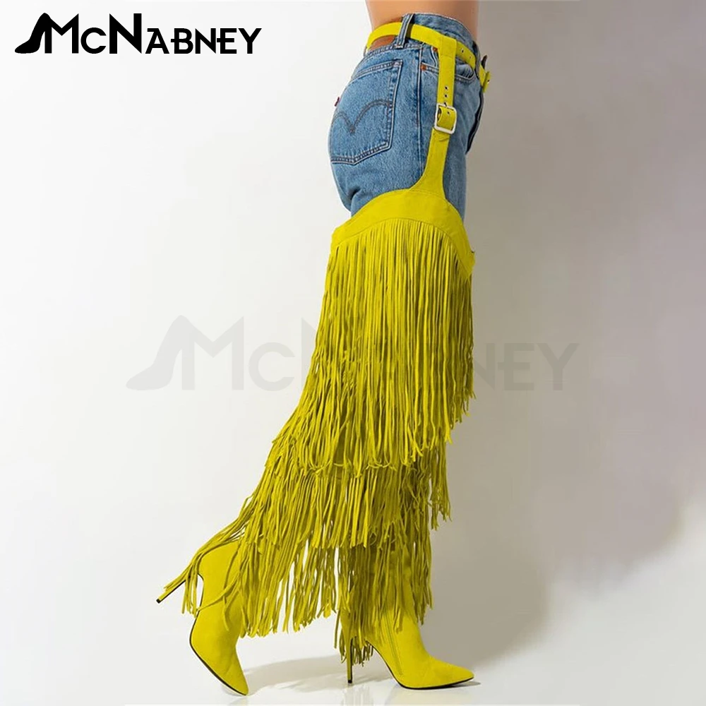 Tassel Belted Chaps Boots Fringe Knee Boots Novelty Design Boots Fashion Style Women Shoes Pointed Super High Heels Stage Boots