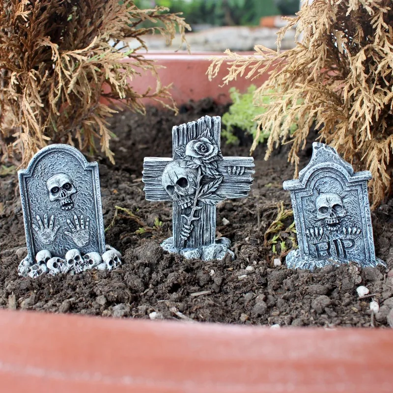 3-Piece Halloween Tombstone Resin Crafts, Spooky Decor Statues for Courtyard, Garden & Bonsai Decoration