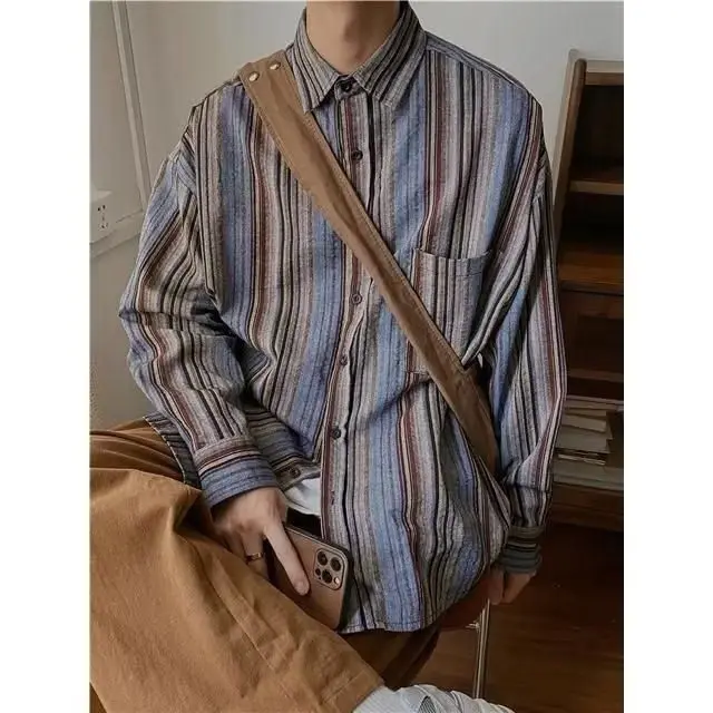 

2023 Spring and Autumn Loose Japanese Retro Versatile Vertical Stripe Long Sleeve Shirt Coat Male and Female Neutral Couple