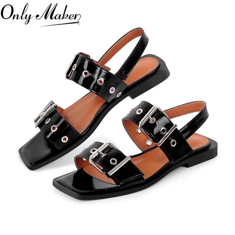 Onlymaker Women Square Toe Buckle Strap Flats Sandals Lady Big  Size Summer Punk Retro Mary Jane Slingbacks Sandals