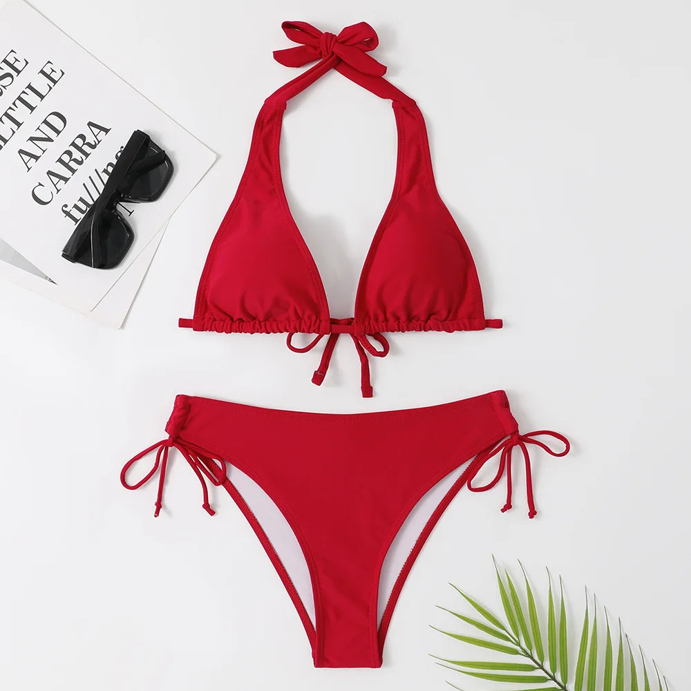 Traje de baño con tirantes para mujer, bikini sexy europeo y americano de color sólido, bikini para vacaciones en la playa, novedad